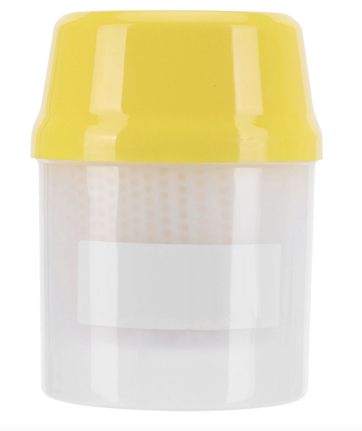 Clear plastic mite wash container with yellow lid for Varroa mite testing in beehives