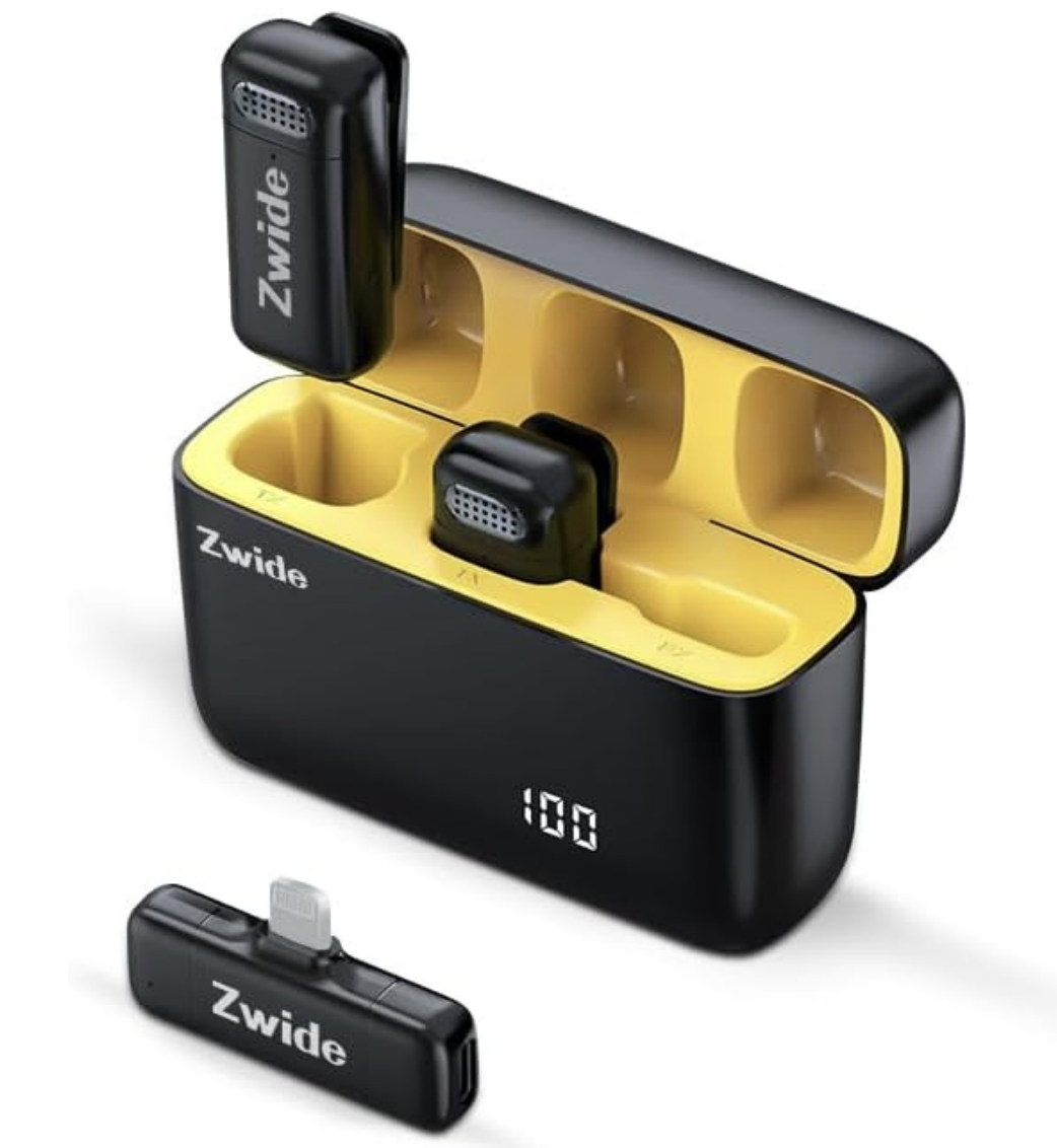 Dual wireless microphone kit with two clip-on transmitters, receiver, and charging case for hands-free audio recording
